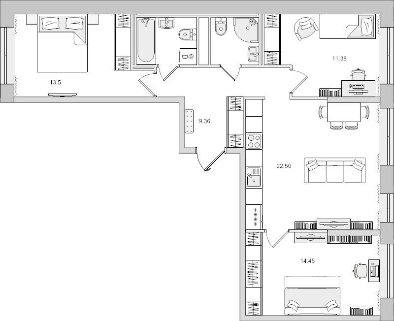 4-комнатная (Евро) квартира, 78.07 м² - планировка, фото №1