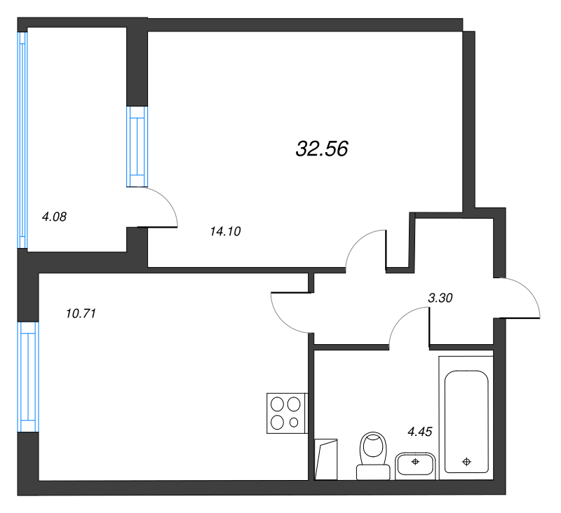 1-комнатная квартира, 32.56 м² - планировка, фото №1