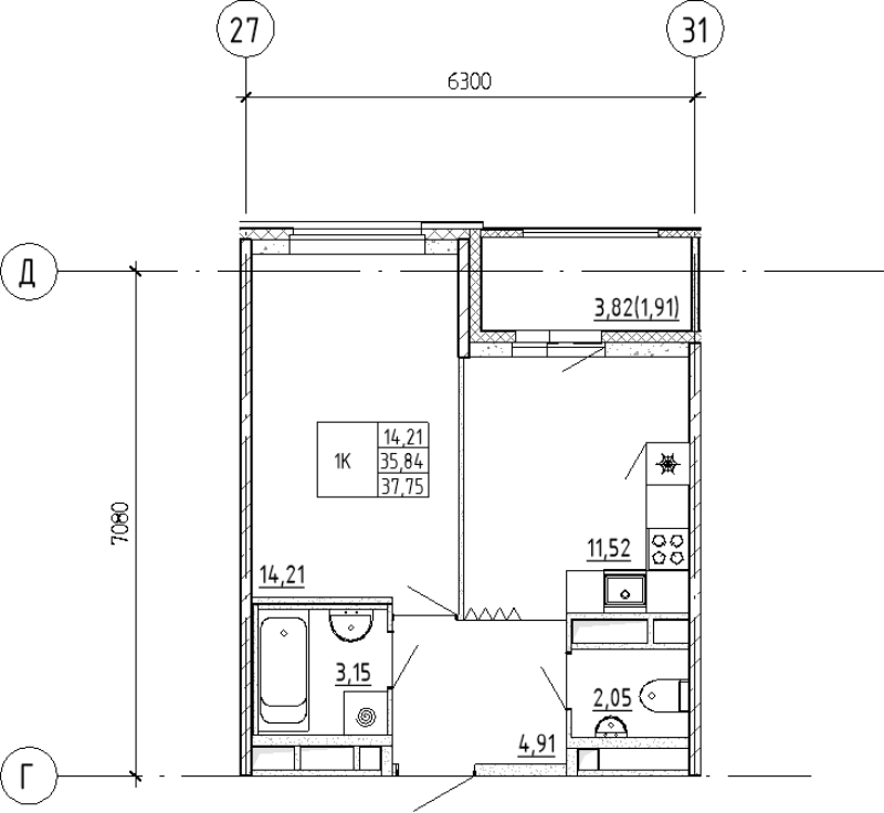 1-комнатная квартира, 37.75 м² - планировка, фото №1