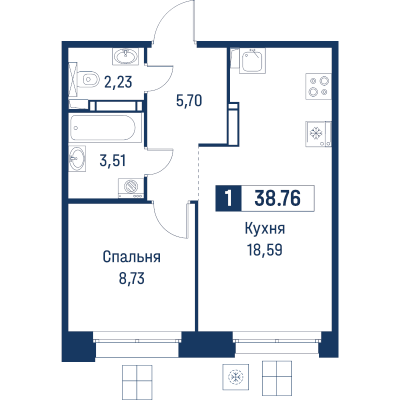 2-комнатная (Евро) квартира, 38.76 м² в ЖК "Символист" - планировка, фото №1