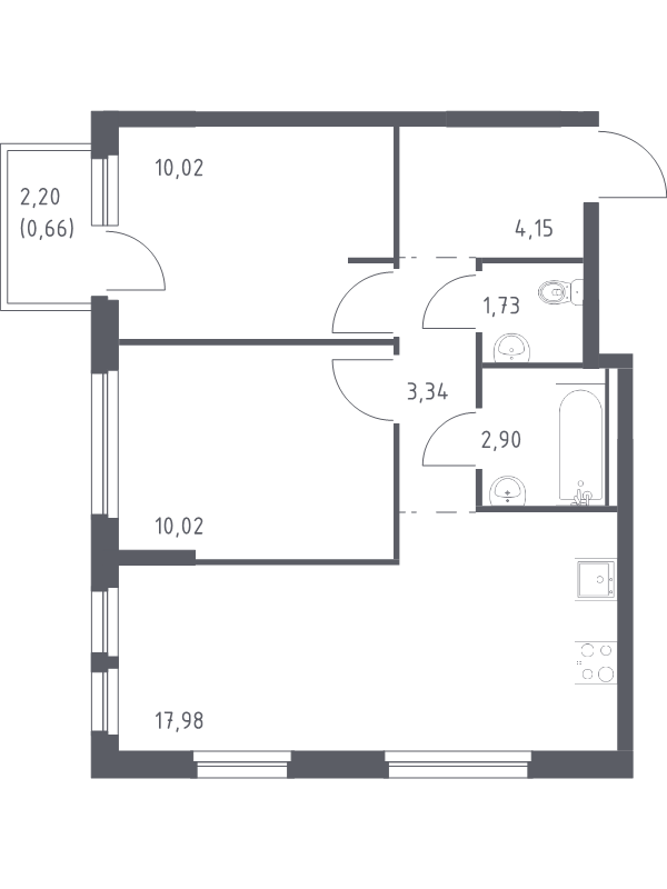 3-комнатная (Евро) квартира, 50.8 м² - планировка, фото №1