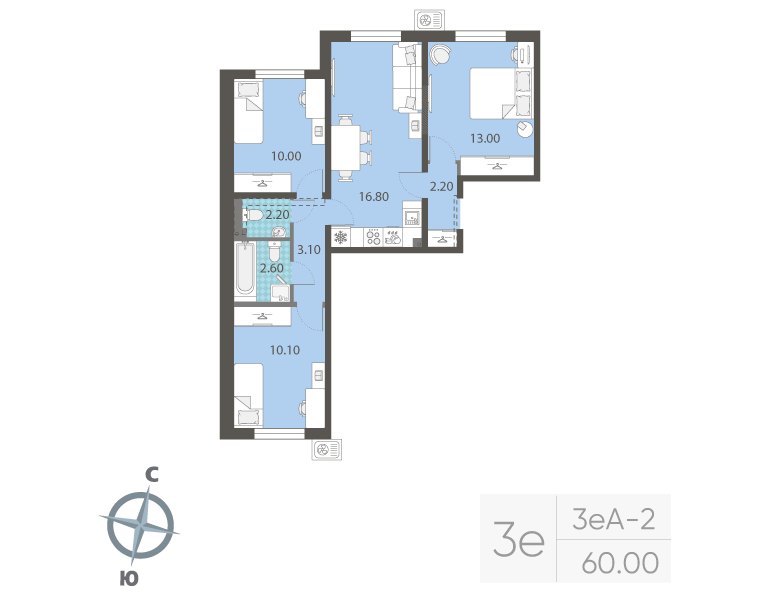 4-комнатная (Евро) квартира, 60 м² в ЖК "ЛСР. Ржевский парк" - планировка, фото №1
