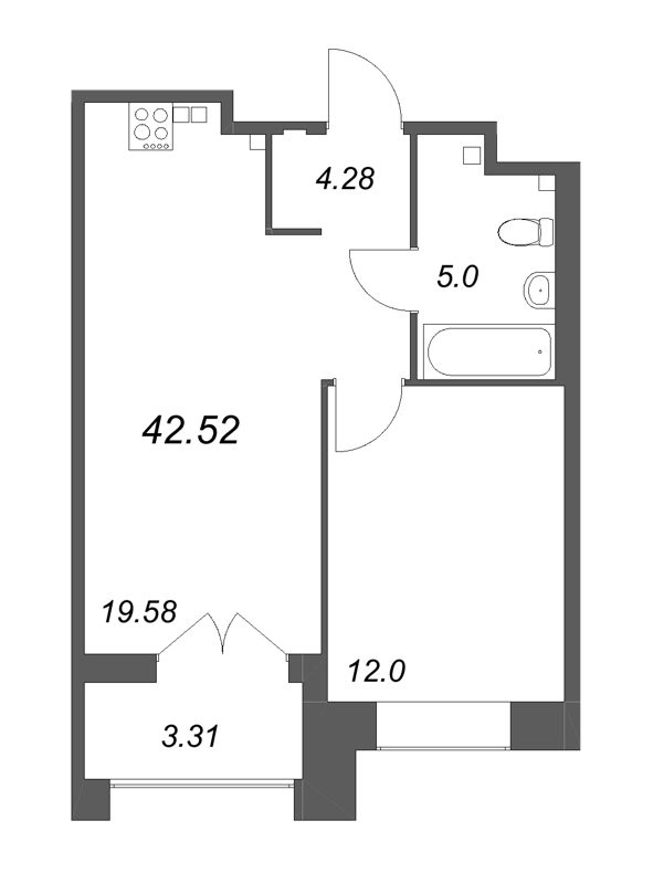 2-комнатная (Евро) квартира, 42.52 м² в ЖК "Ranta Residence" - планировка, фото №1