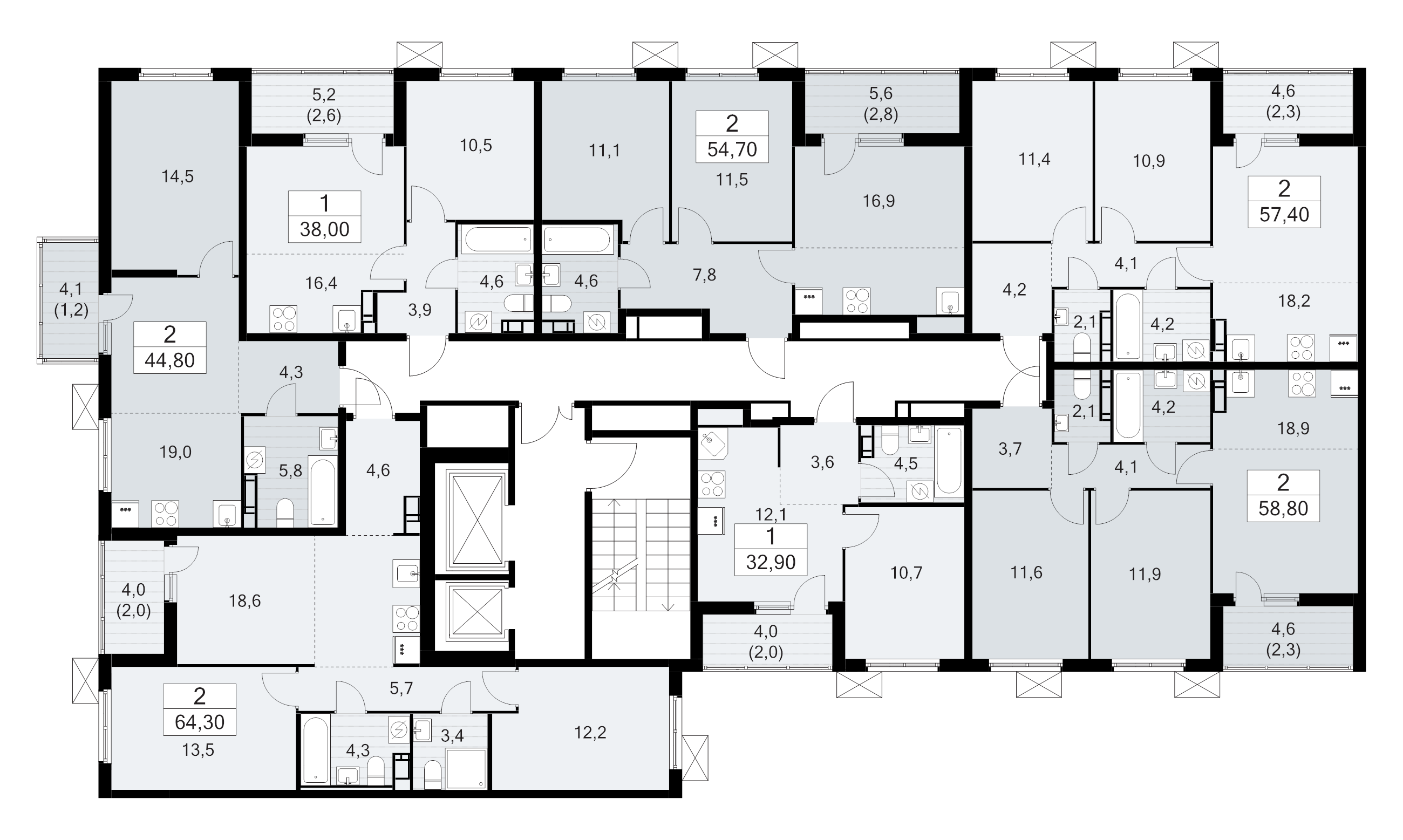 3-комнатная (Евро) квартира, 54.7 м² - планировка этажа