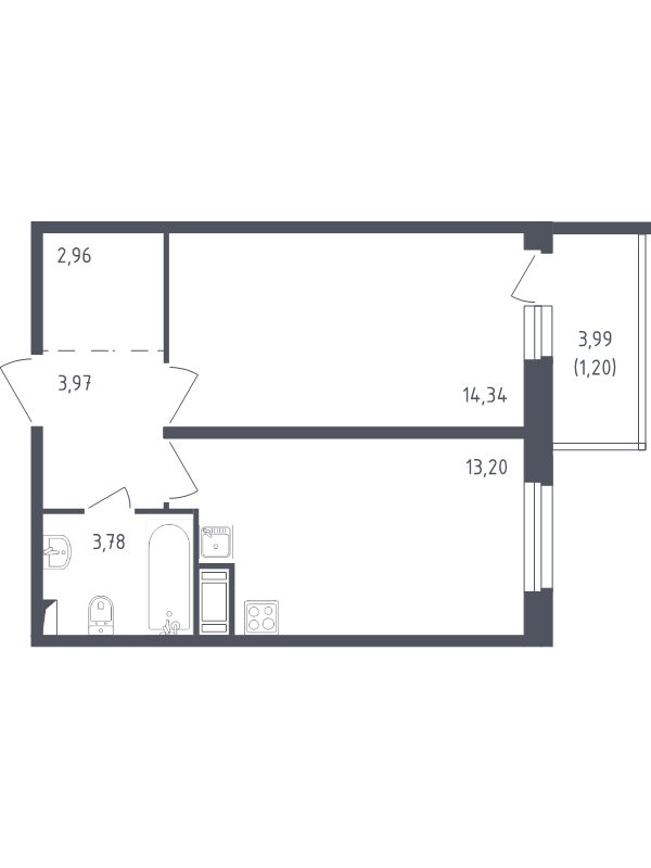 1-комнатная квартира, 39.45 м² - планировка, фото №1