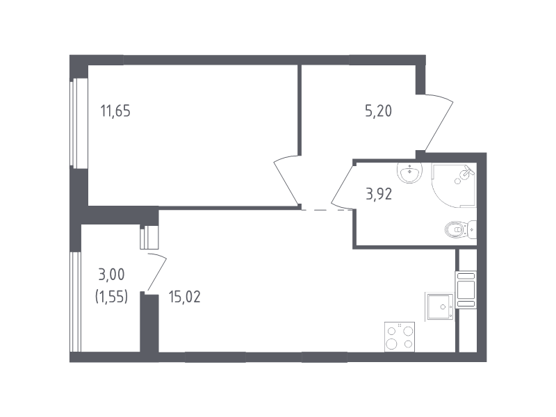 2-комнатная (Евро) квартира, 37.34 м² - планировка, фото №1