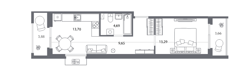 1-комнатная квартира, 43.59 м² - планировка, фото №1