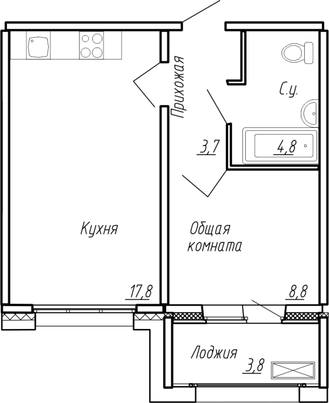 2-комнатная (Евро) квартира, 38.9 м² в ЖК "Сибирь" - планировка, фото №1