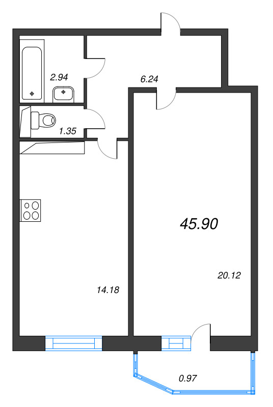 1-комнатная квартира, 45.9 м² в ЖК "Невская История" - планировка, фото №1