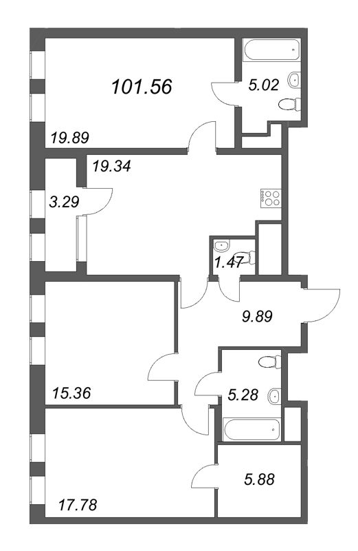 2-комнатная квартира, 101.56 м² - планировка, фото №1