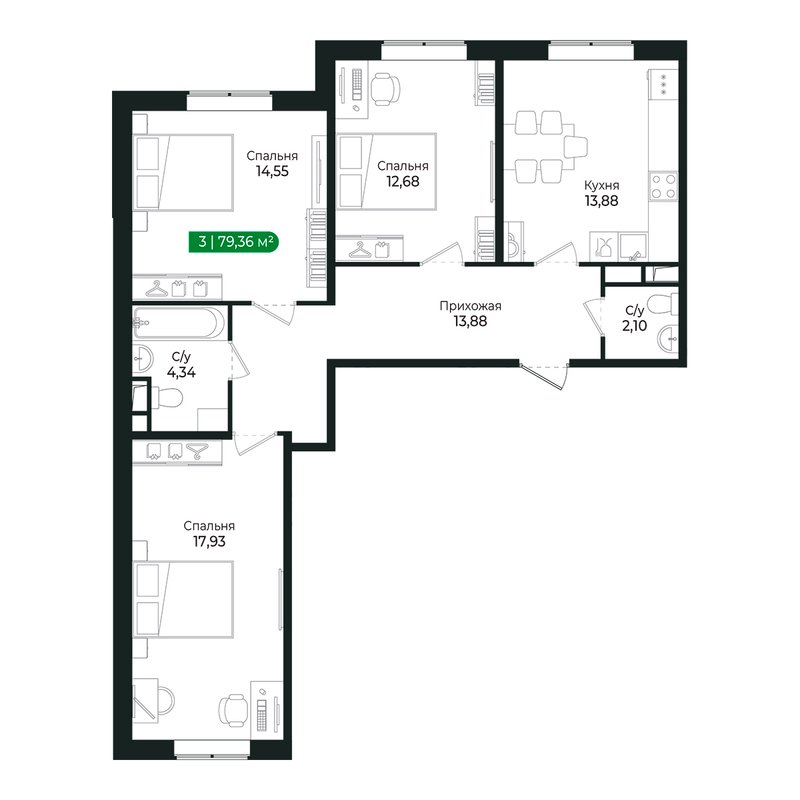 3-комнатная квартира, 78.9 м² в ЖК "Сертолово Парк" - планировка, фото №1