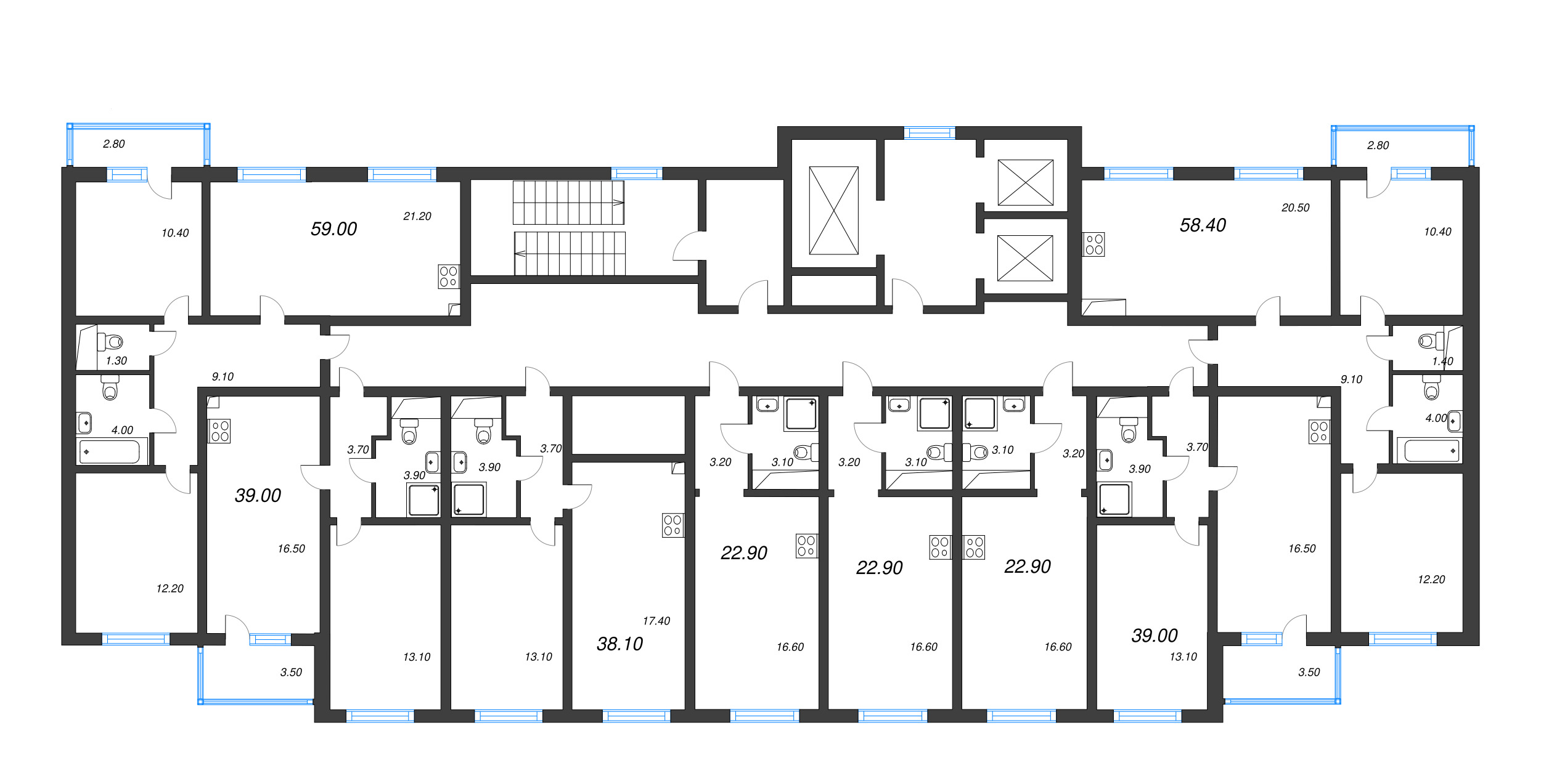 2-комнатная (Евро) квартира, 38.1 м² в ЖК "Ручьи" - планировка этажа
