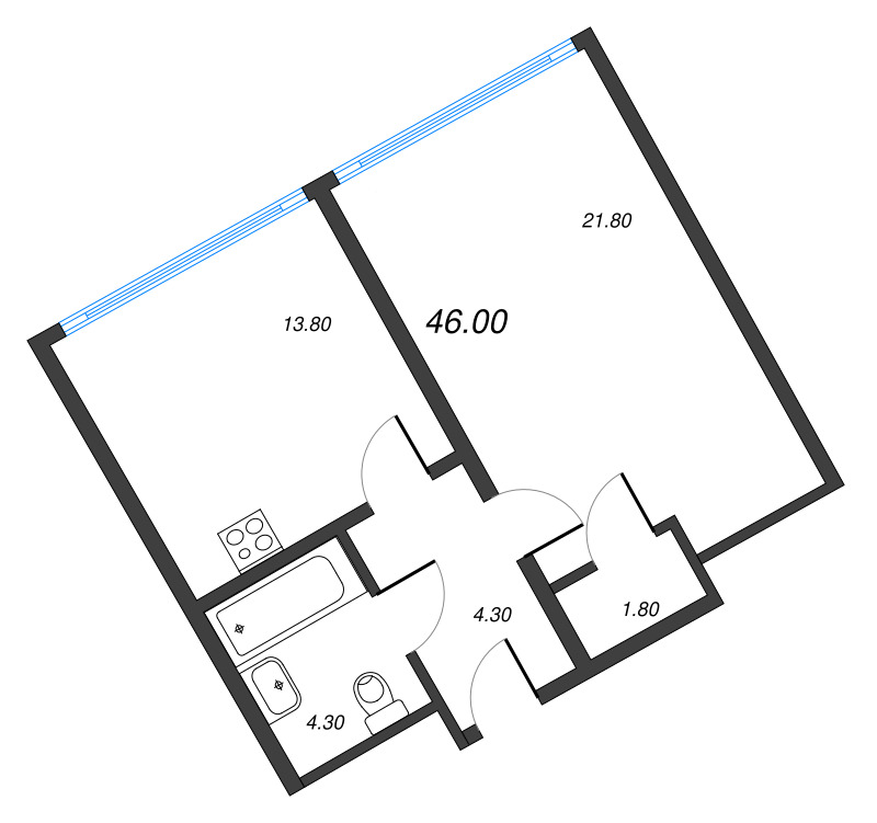 1-комнатная квартира, 44.5 м² - планировка, фото №1