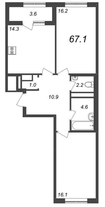 2-комнатная квартира, 67 м² - планировка, фото №1