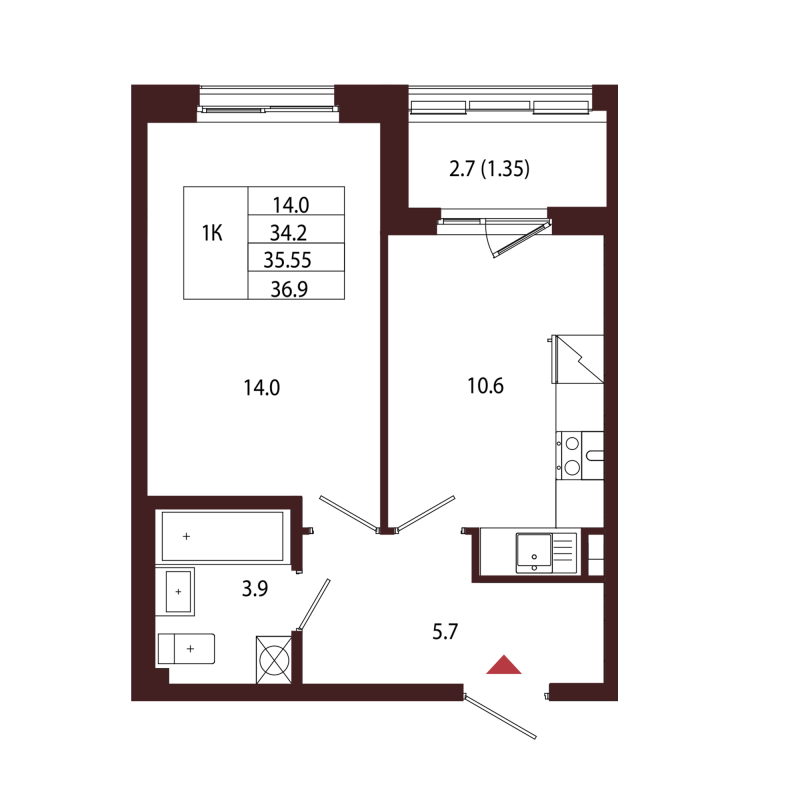 1-комнатная квартира, 35.55 м² в ЖК "Лисино" - планировка, фото №1