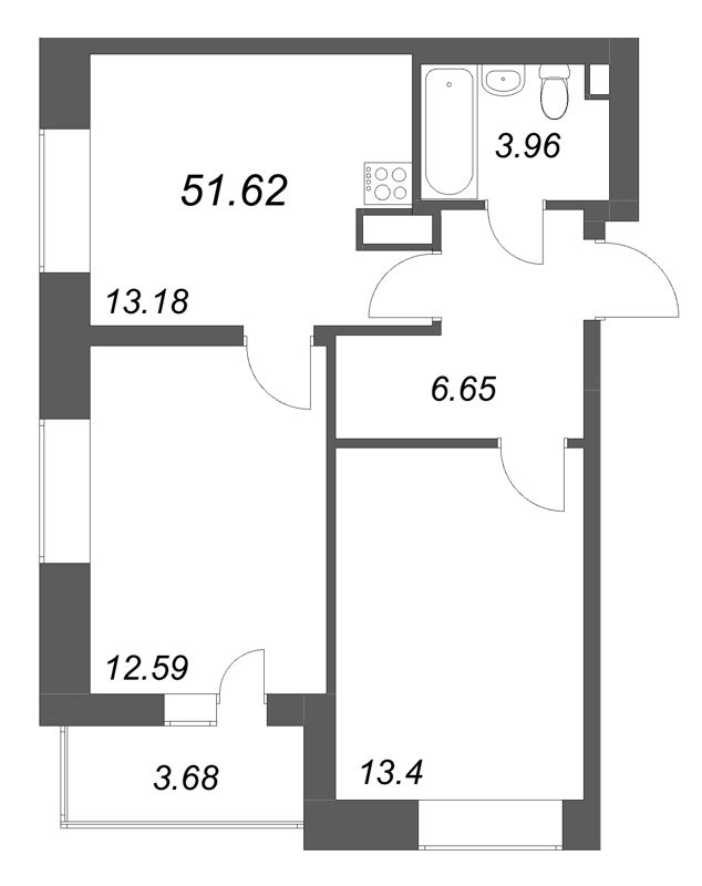 2-комнатная квартира, 51.62 м² в ЖК "Аквилон Солар" - планировка, фото №1