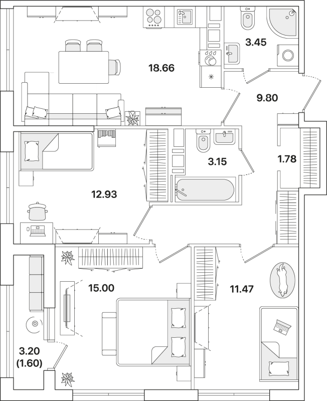 3-комнатная квартира, 77.84 м² - планировка, фото №1