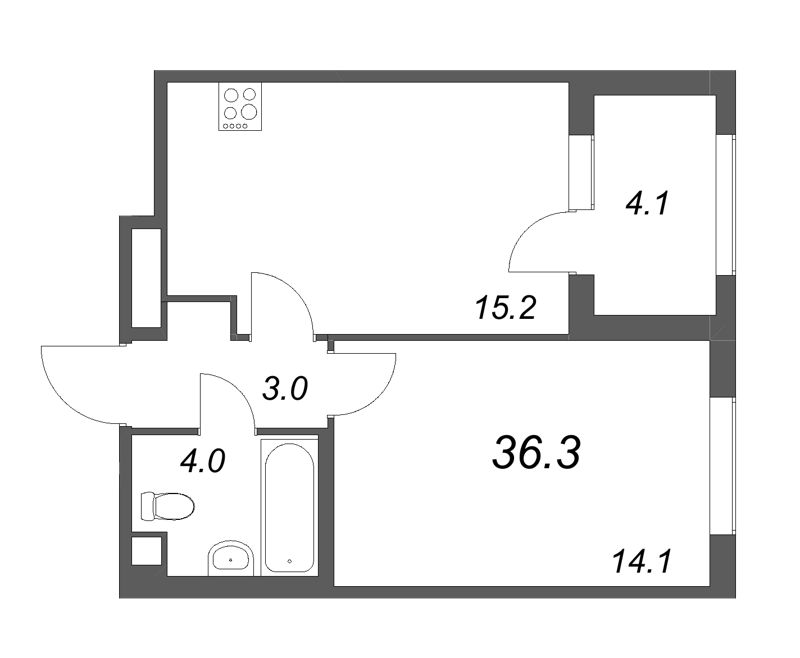 2-комнатная (Евро) квартира, 36.3 м² - планировка, фото №1