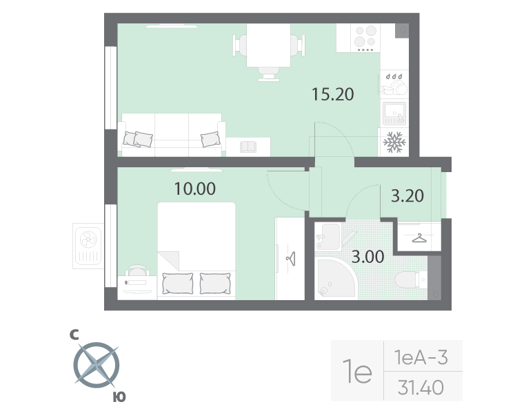2-комнатная (Евро) квартира, 31.4 м² в ЖК "Ручьи" - планировка, фото №1