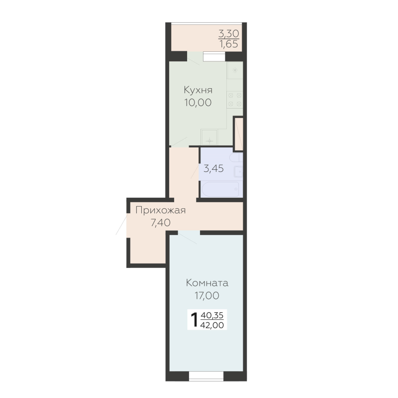 1-комнатная квартира, 42 м² в ЖК "Ленский" - планировка, фото №1