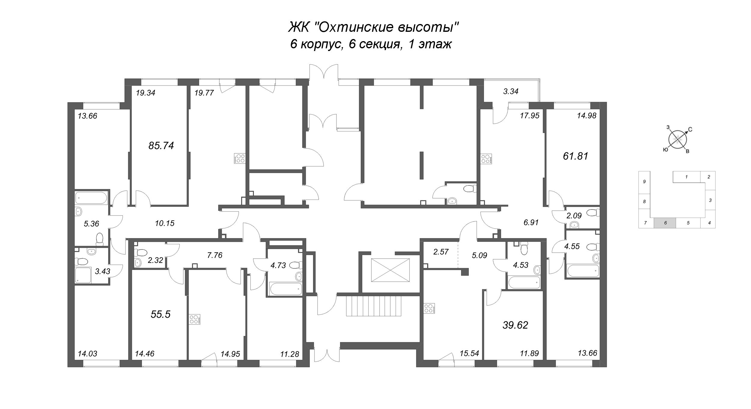 4-комнатная (Евро) квартира, 85.74 м² в ЖК "Охтинские высоты" - планировка этажа