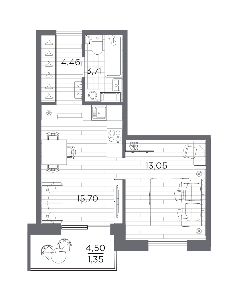 2-комнатная (Евро) квартира, 38.27 м² в ЖК "Сезоны" - планировка, фото №1