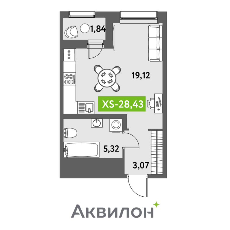 Квартира-студия, 28.43 м² - планировка, фото №1