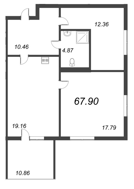 3-комнатная (Евро) квартира, 67.9 м² в ЖК "Bereg. Курортный" - планировка, фото №1