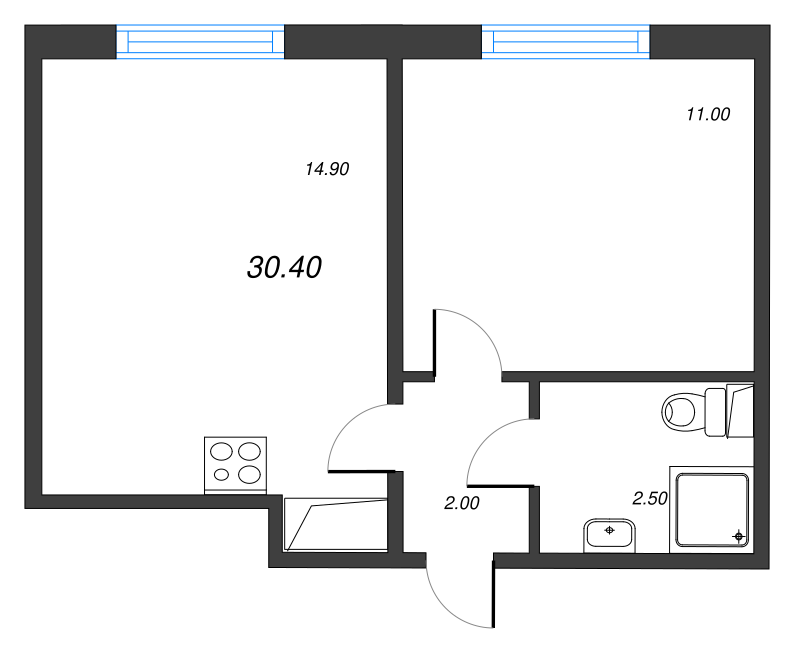 1-комнатная квартира, 30.4 м² - планировка, фото №1