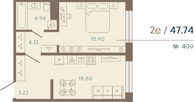 2-комнатная (Евро) квартира, 47.74 м² в ЖК "17/33 Петровский остров" - планировка, фото №1