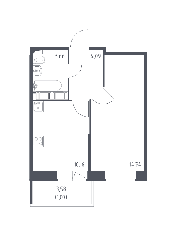 1-комнатная квартира, 33.72 м² - планировка, фото №1