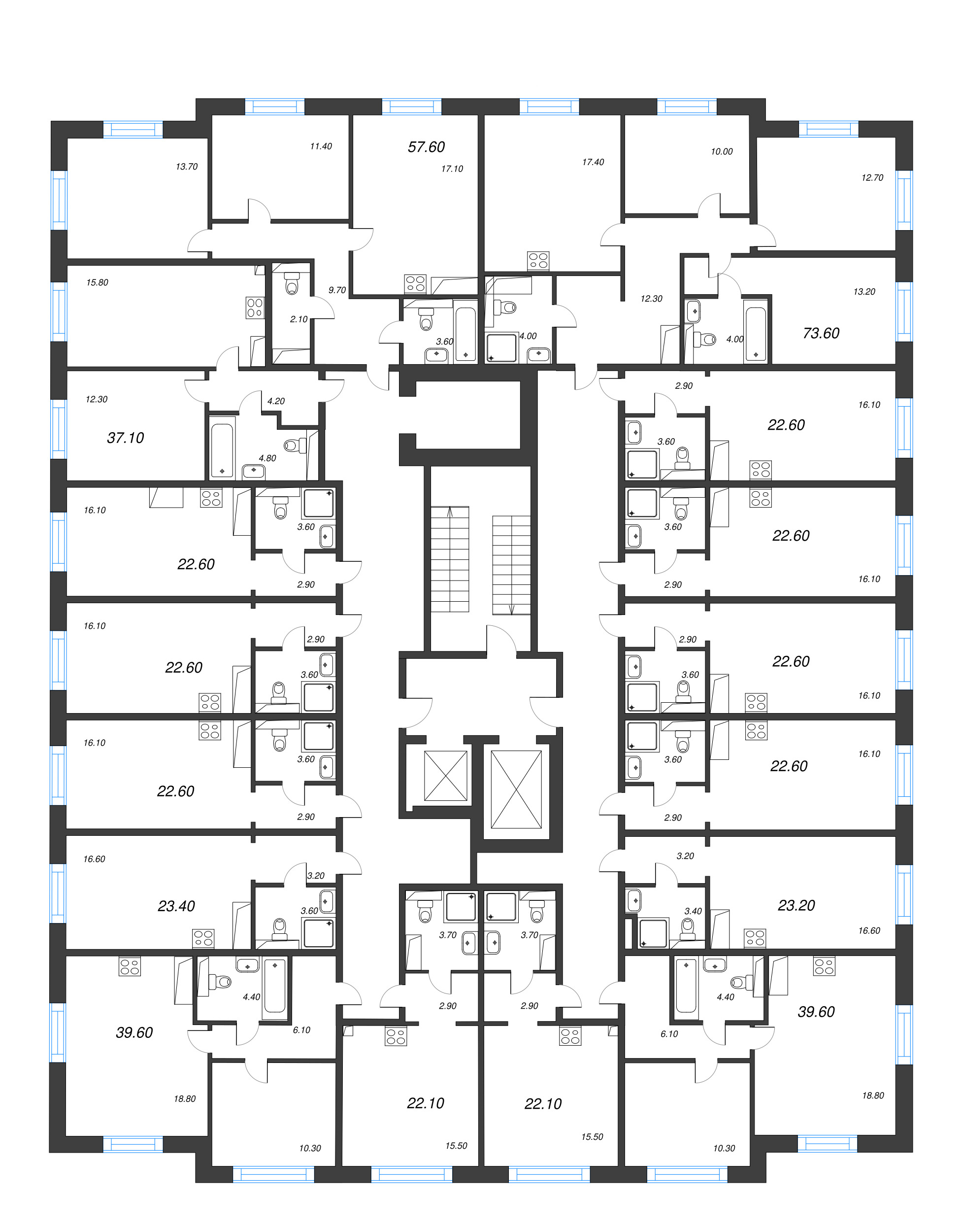 2-комнатная (Евро) квартира, 37.1 м² в ЖК "Большая Охта" - планировка этажа