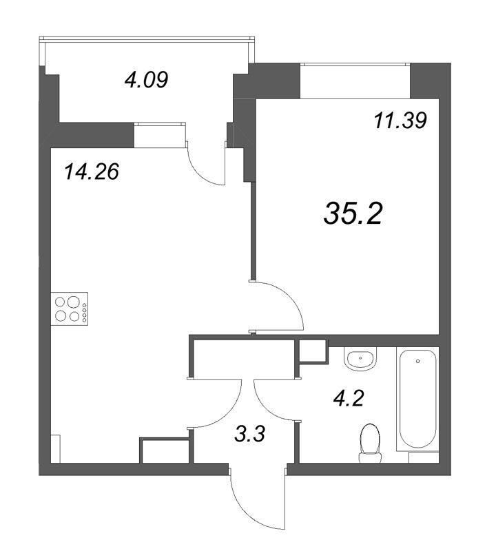 1-комнатная квартира, 35.2 м² - планировка, фото №1