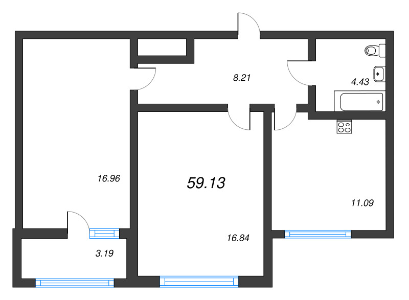 2-комнатная квартира, 59.13 м² - планировка, фото №1