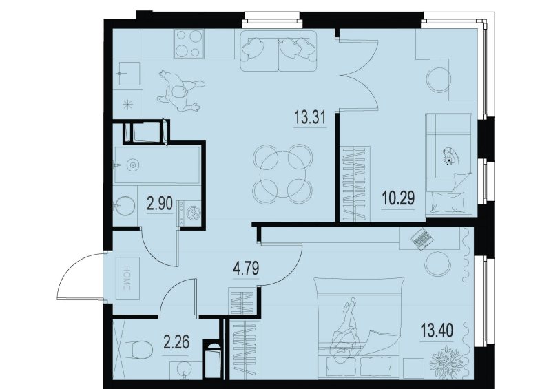 2-комнатная квартира, 46.95 м² - планировка, фото №1