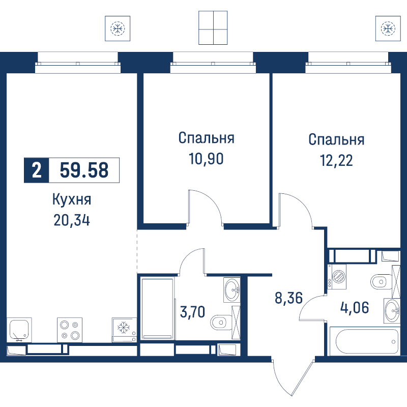 3-комнатная (Евро) квартира, 59.58 м² в ЖК "Символист" - планировка, фото №1