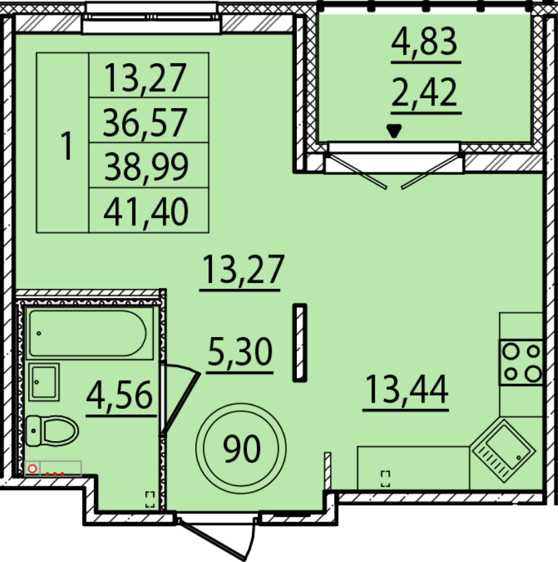 1-комнатная квартира, 36.57 м² - планировка, фото №1