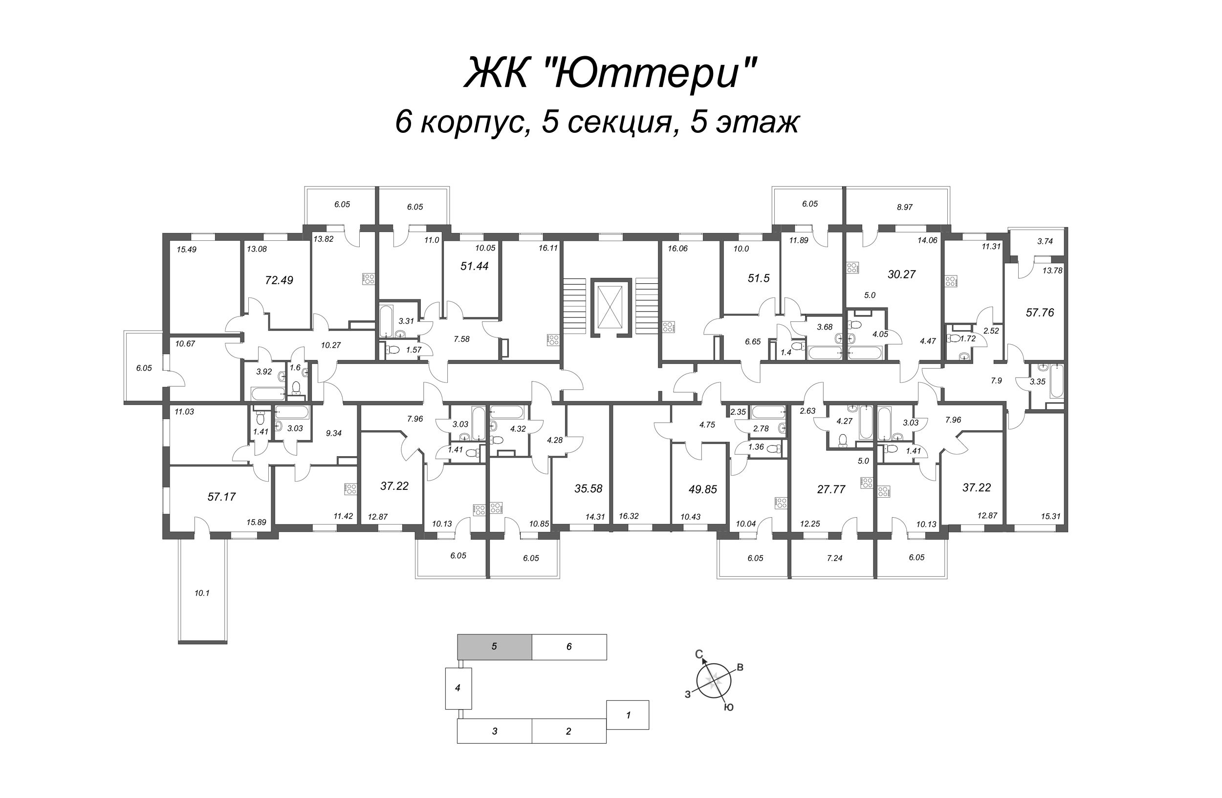 3-комнатная (Евро) квартира, 49.68 м² - планировка этажа