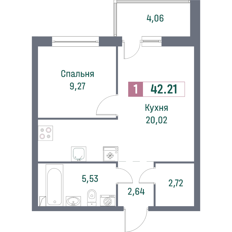 2-комнатная (Евро) квартира, 42.21 м² в ЖК "Фотограф" - планировка, фото №1