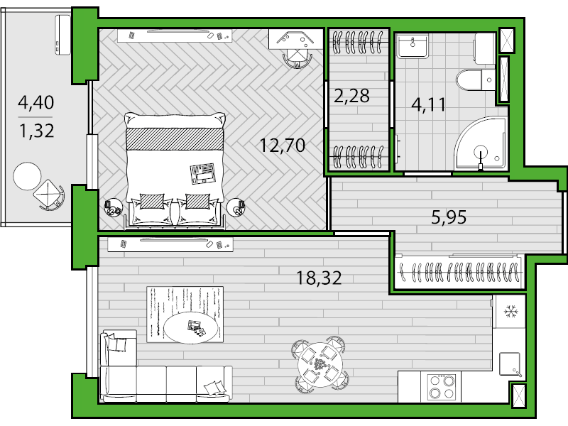 2-комнатная (Евро) квартира, 43.8 м² - планировка, фото №1