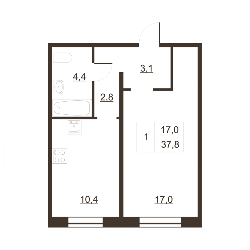 1-комнатная квартира, 39.1 м² в ЖК "Дом на набережной" - планировка, фото №1