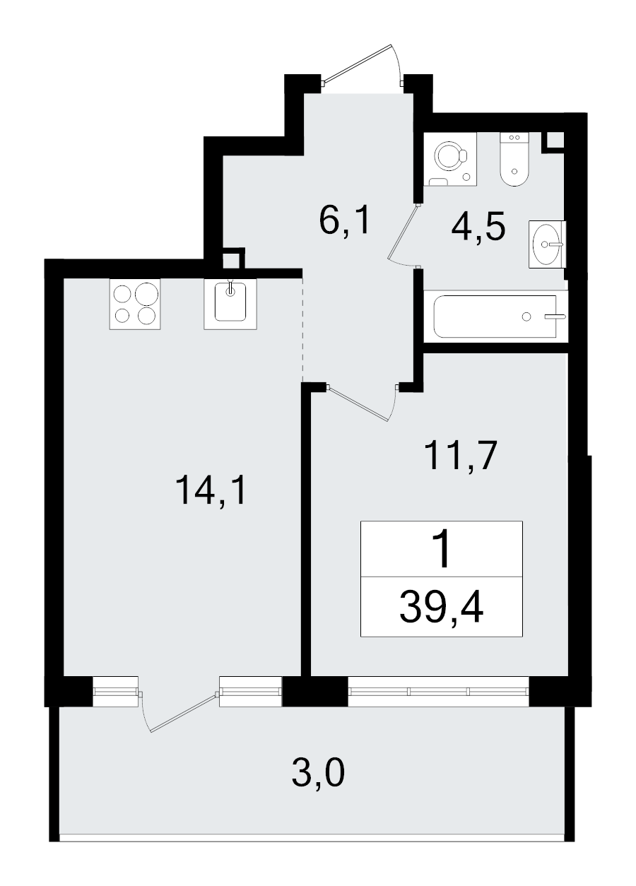 1-комнатная квартира, 39.1 м² - планировка, фото №1