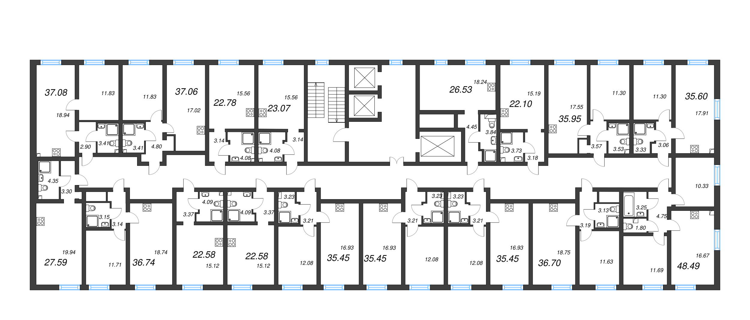 2-комнатная (Евро) квартира, 35.45 м² в ЖК "Морская миля" - планировка этажа
