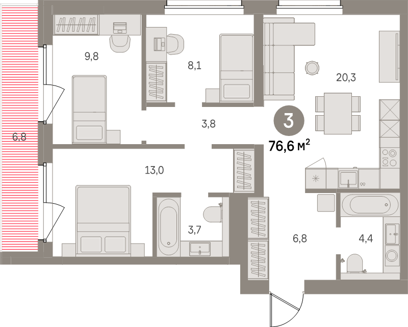 4-комнатная (Евро) квартира, 76.6 м² в ЖК "Северный ветер" - планировка, фото №1