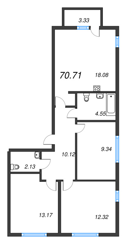 4-комнатная (Евро) квартира, 70.71 м² - планировка, фото №1