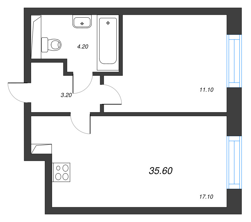 2-комнатная (Евро) квартира, 35.6 м² в ЖК "Большая Охта" - планировка, фото №1