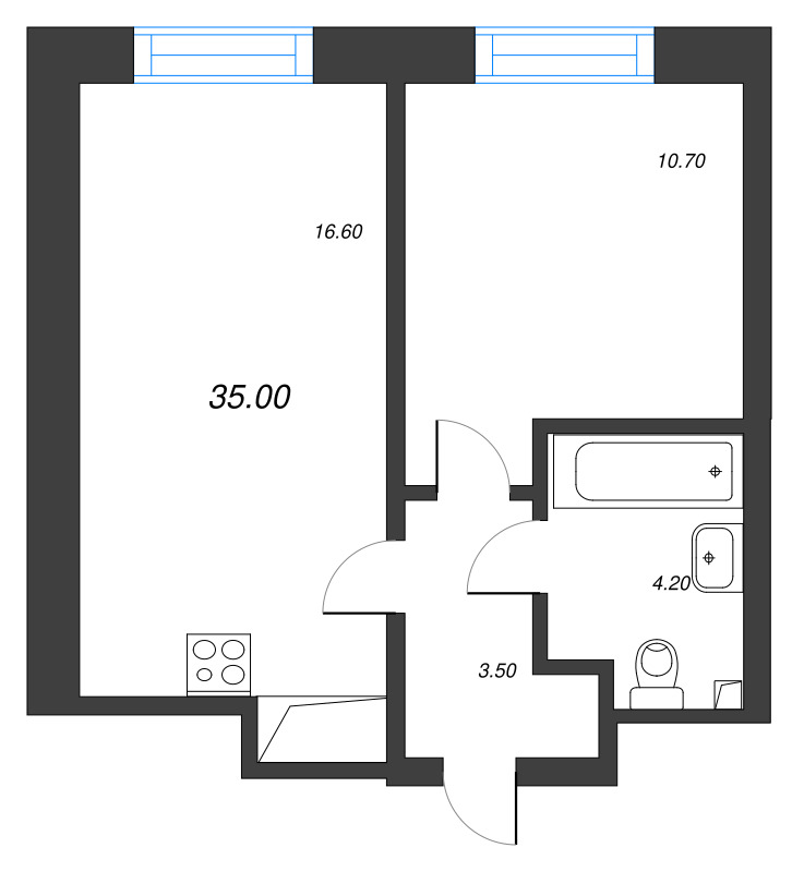 2-комнатная (Евро) квартира, 35 м² - планировка, фото №1