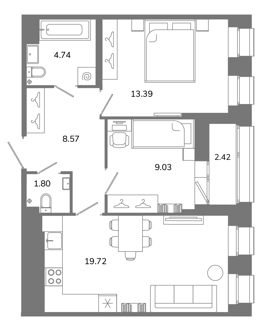 3-комнатная (Евро) квартира, 58.46 м² в ЖК "Твой космос" - планировка, фото №1