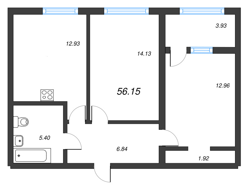 2-комнатная квартира, 56.15 м² - планировка, фото №1