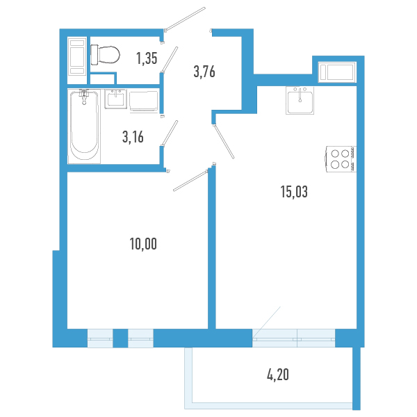2-комнатная (Евро) квартира, 34.56 м² в ЖК "AEROCITY" - планировка, фото №1